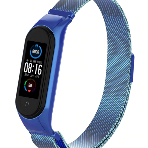 Milanese Strap, blue, on a watch, 3/4 front view