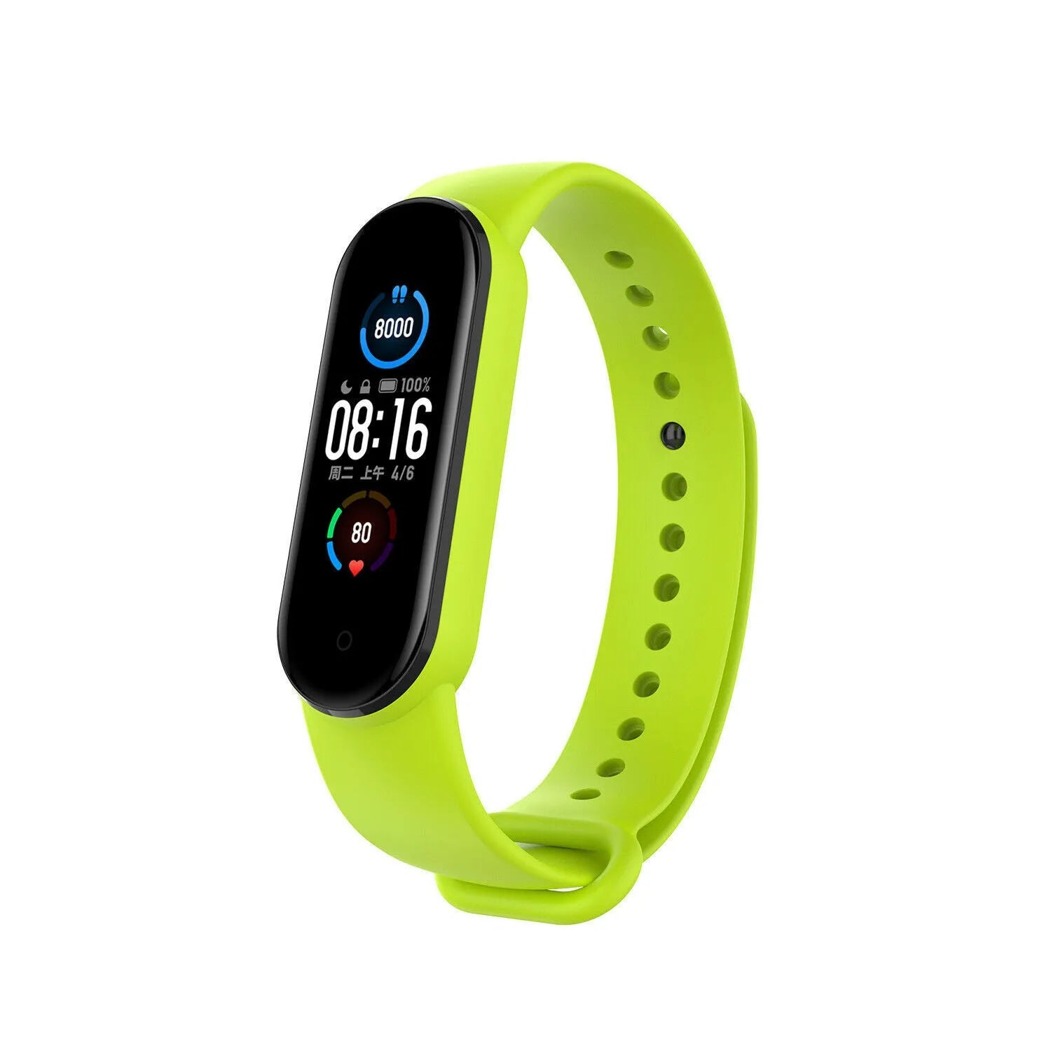 Silicone Strap, lime, on a watch, 3/4 front view