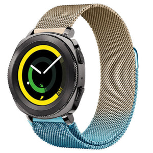 Milanese Strap, blue/gold, on a watch, 3/4 front view