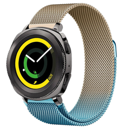 Milanese Strap, blue/gold, on a watch, 3/4 front view