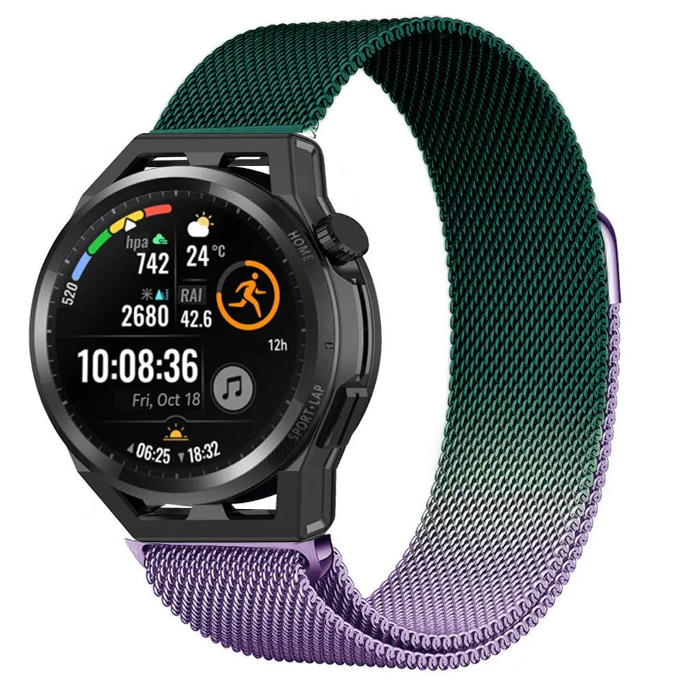 Milanese Strap, purple/green, on a watch, 3/4 front view
