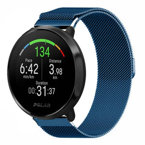 Milanese Strap, blue, on a watch, 3/4 front view
