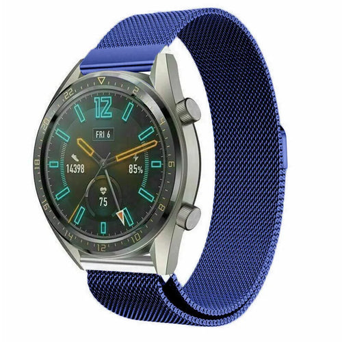 Milanese Strap, blue, on a watch, 3/4 front view