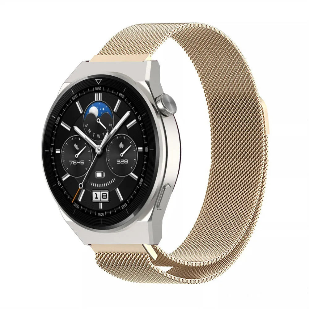 Milanese Strap, champagne, on a watch, 3/4 front view