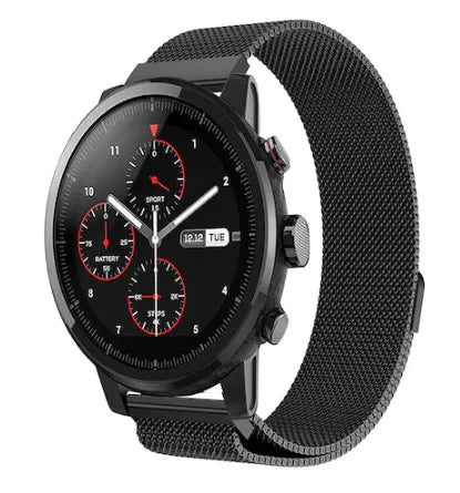 Milanese Strap, black, on a watch, 3/4 front view
