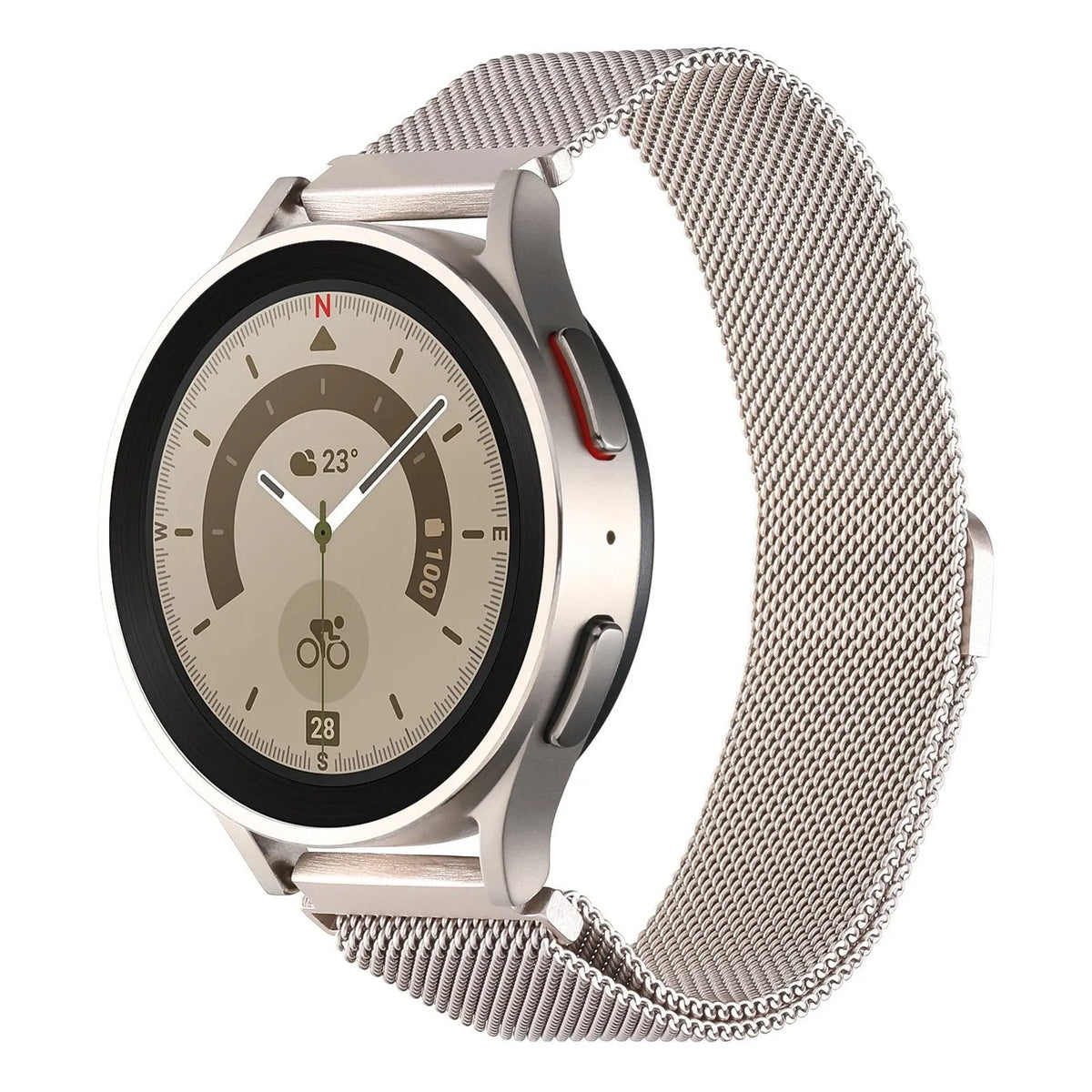 Milanese Strap, starlight, on a watch, 3/4 front view