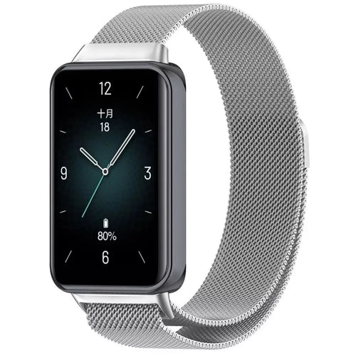 Milanese Strap, silver, on a watch, 3/4 front view