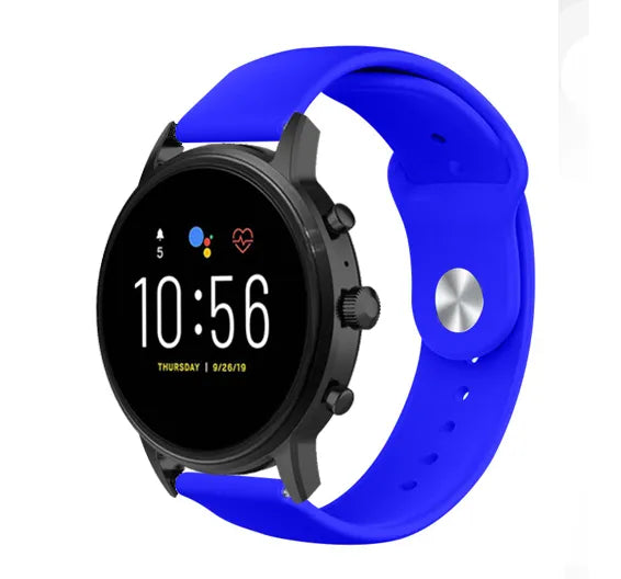 Silicone Sport Strap, blue, on a watch, 3/4 front view