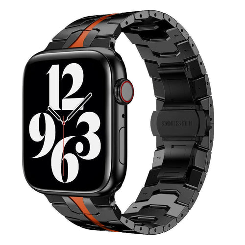 Steel Iron Strap, black/red, on a watch, 3/4 front view