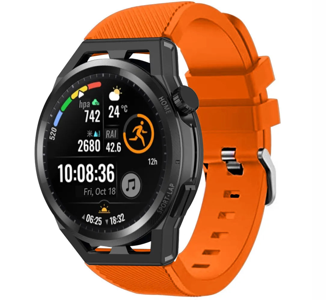 Twill Silicone Strap, orange, on a watch, 3/4 front view