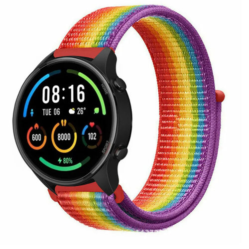 Nylon Strap, rainbow, on a watch, 3/4 front view
