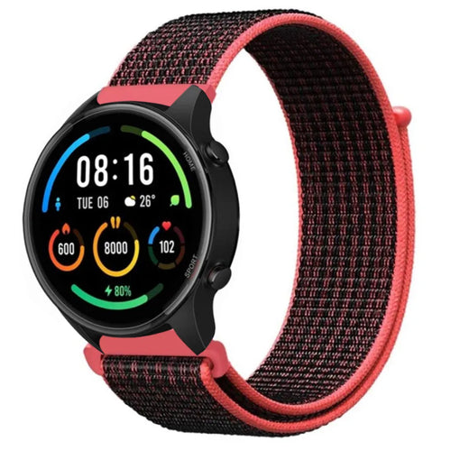 Nylon Strap, black/coral, on a watch, 3/4 front view
