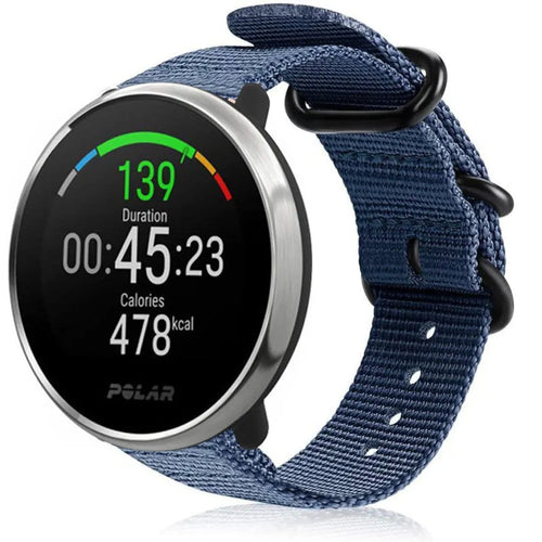 Nylon Buckle Strap, blue, on a watch, 3/4 front view