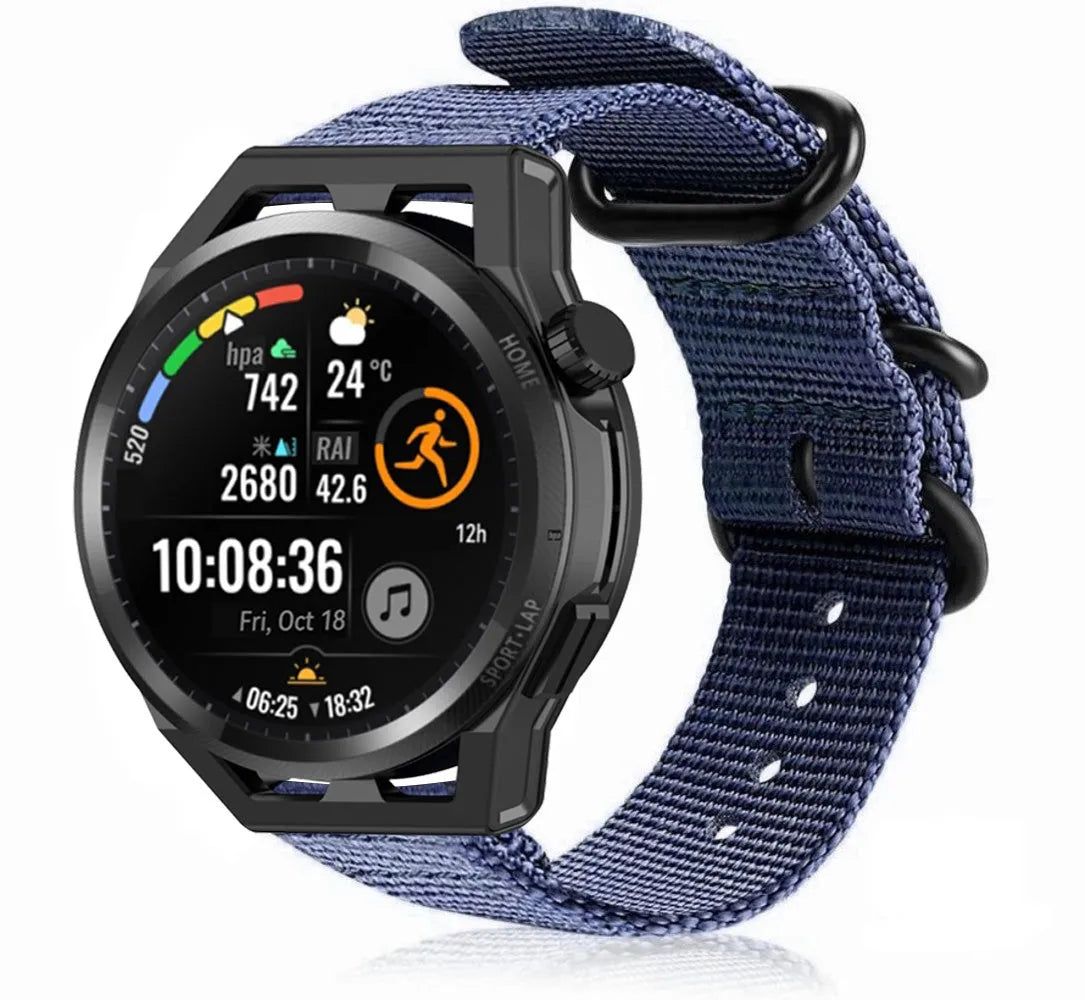 Nylon Buckle Strap, blue, on a watch, 3/4 front view