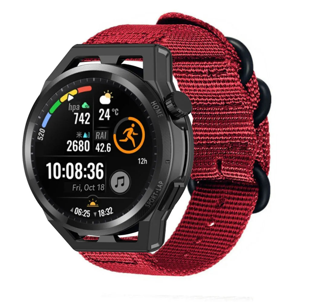 Nylon Buckle Strap, red, on a watch, 3/4 front view