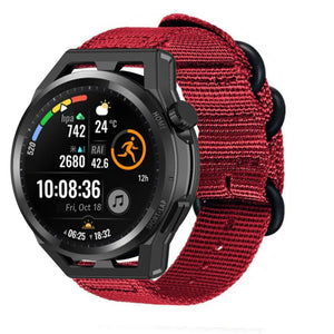 Nylon Buckle Strap, red, on a watch, 3/4 front view