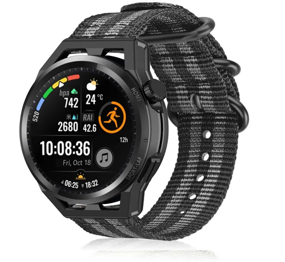 Nylon Buckle Strap, black/grey, on a watch, 3/4 front view