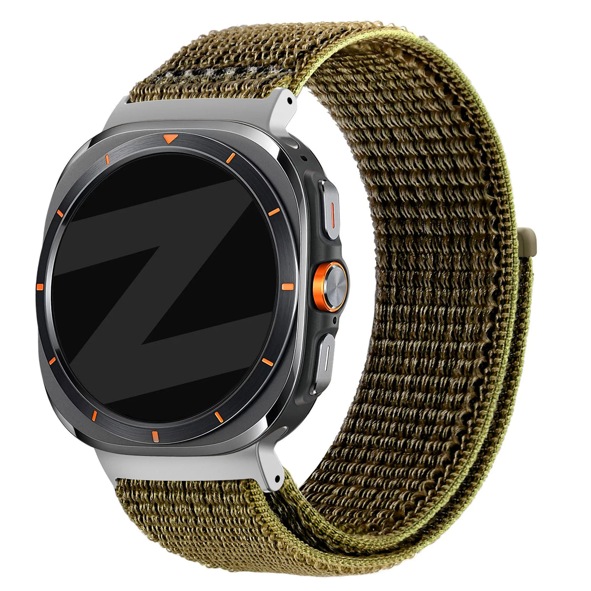 Nylon Loop Strap, olive, on a watch, 3/4 front view