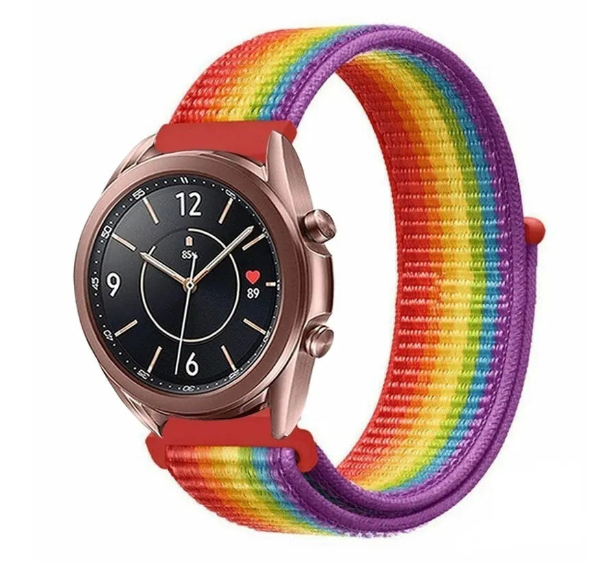 Nylon Strap, rainbow, on a watch, 3/4 front view