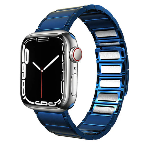 Magnetic Steel Strap, blue, on a watch, 3/4 front view