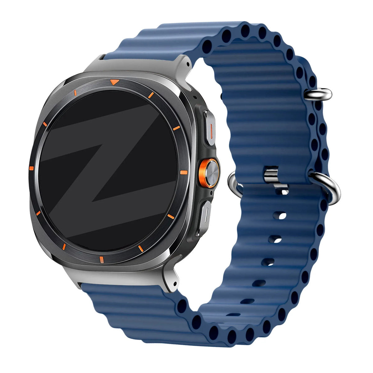 Silicone Ocean Strap 'Classic', dark blue, on a watch, 3/4 front view