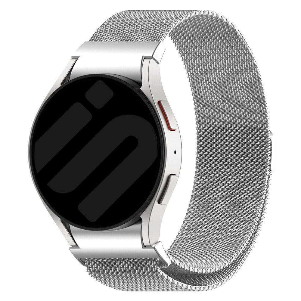 Milanese Strap 'One Push', silver, on a watch, 3/4 front view