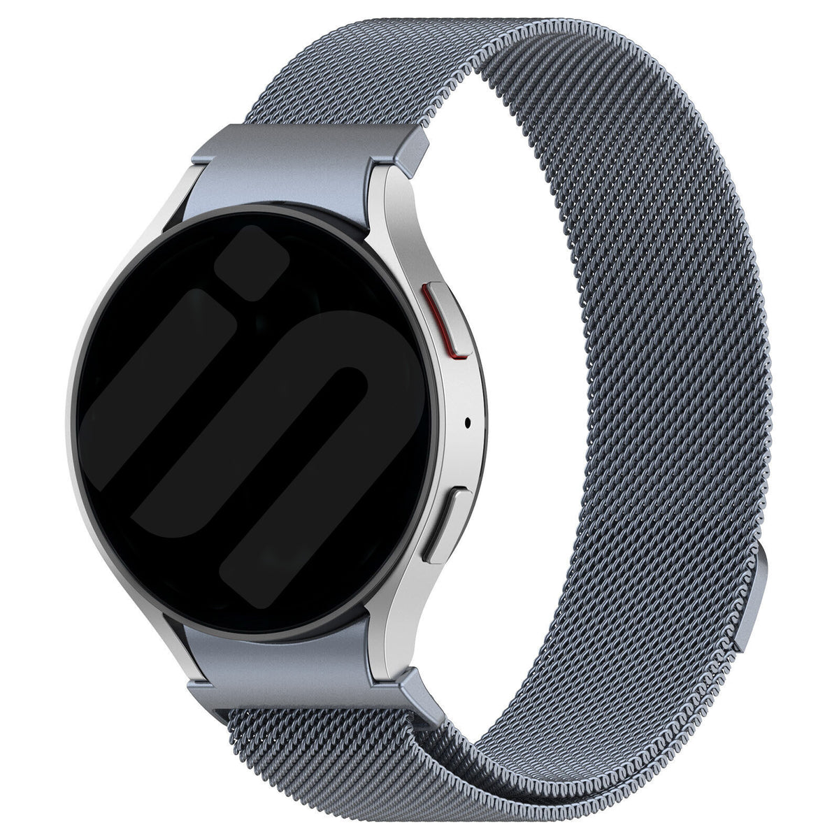 Milanese Strap 'One Push', space grey, on a watch, 3/4 front view