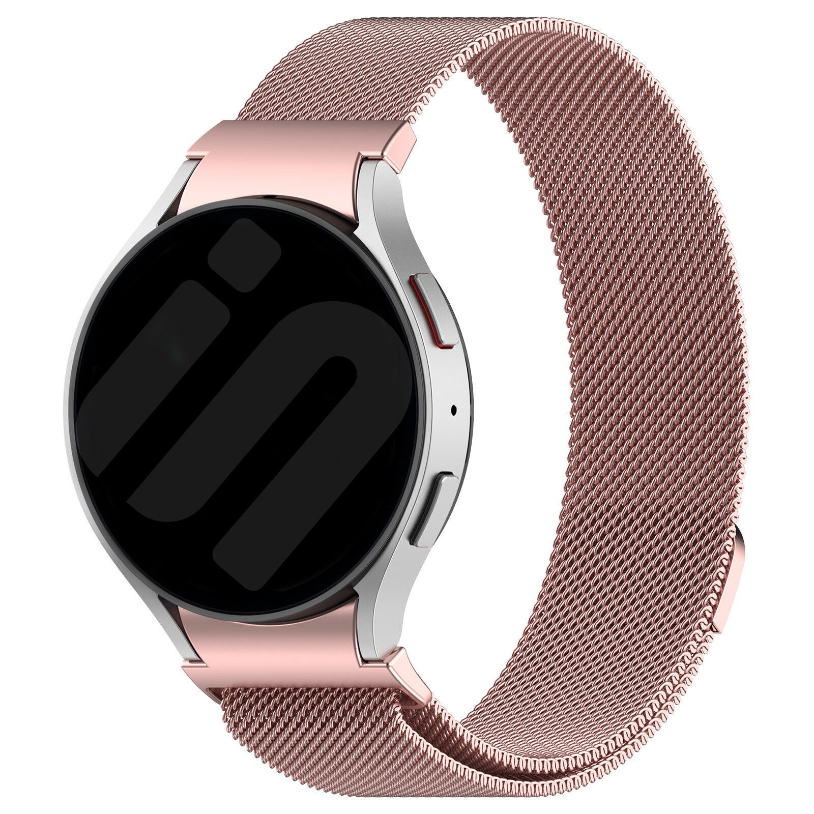 Milanese Strap 'One Push', pink, on a watch, 3/4 front view