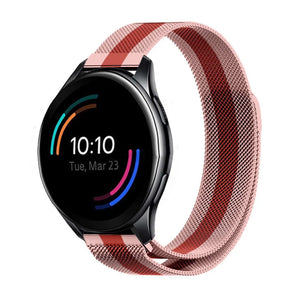 Milanese Strap, red/pink, on a watch, 3/4 front view