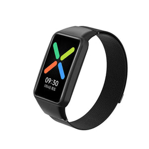 Milanese Strap, black, on a watch, 3/4 front view