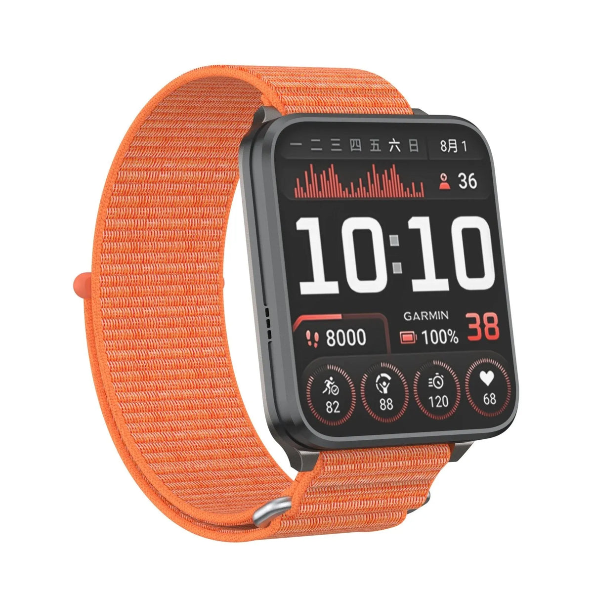 Nylon Strap, orange, on a watch, 3/4 front view