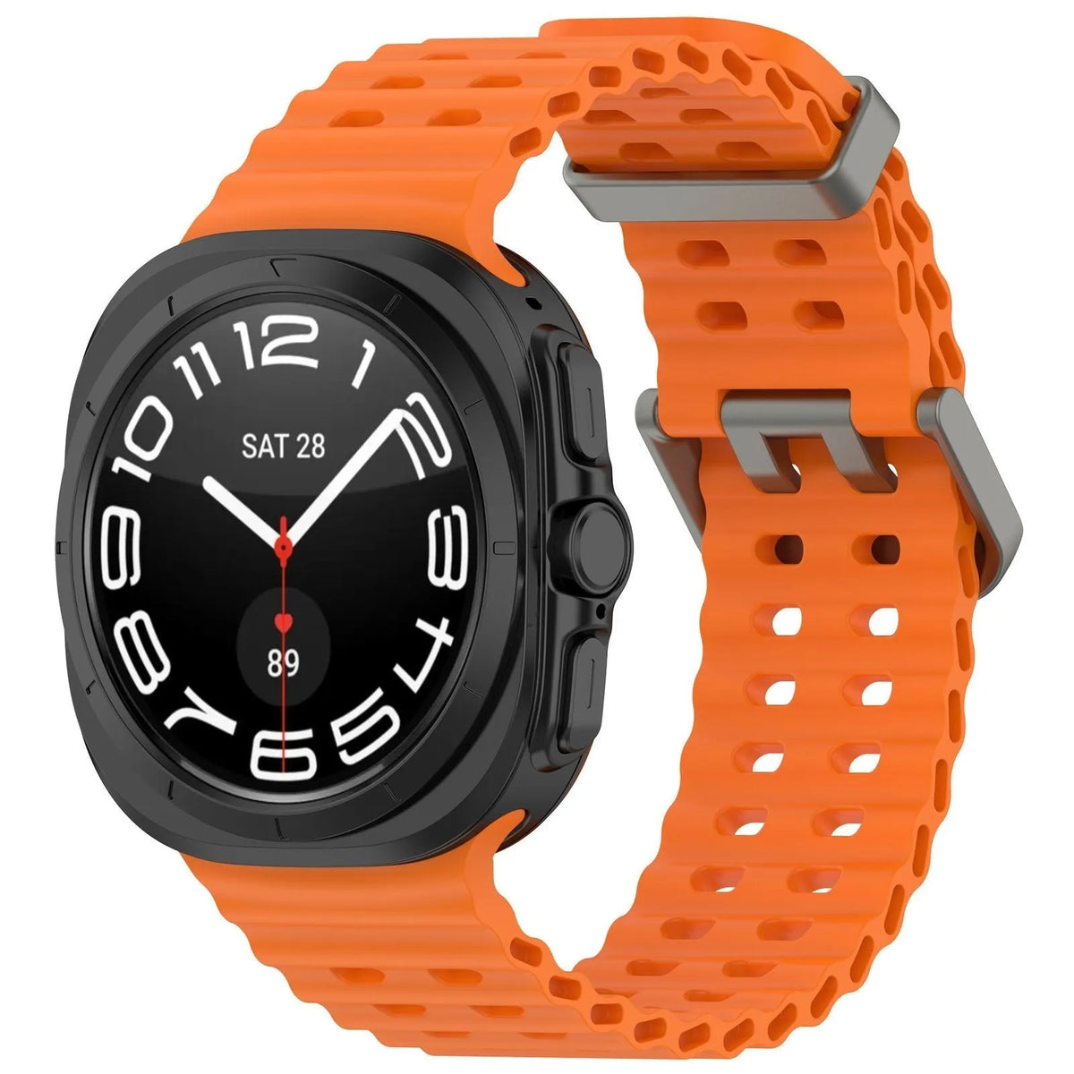 Silicone Ocean Strap, orange, on a watch, 3/4 front view