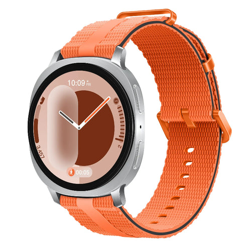 Silicone Active Strap, orange, on a watch, 3/4 front view