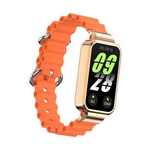 Silicone Ocean Strap, orange, on a watch, 3/4 front view