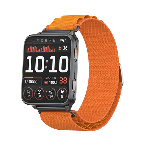 Alpine Nylon Strap, orange, on a watch, 3/4 front view