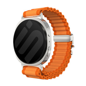 Outdoor Nylon Strap with P-Buckle, orange/silver, on a watch, 3/4 front view