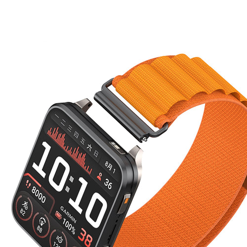 Alpine Nylon Strap, orange, on a watch, 3/4 front view