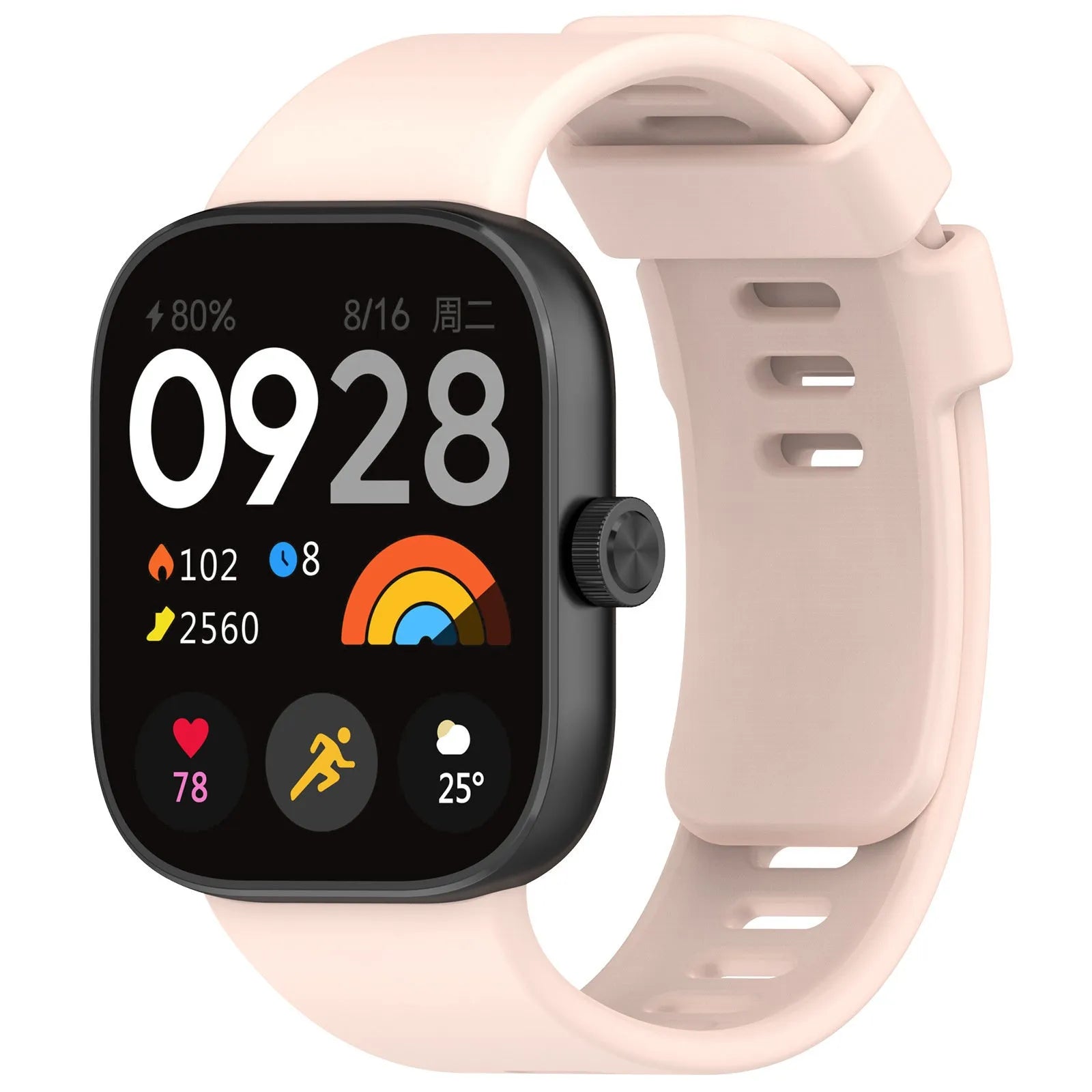 Silicone Strap, pink, on a watch, 3/4 front view