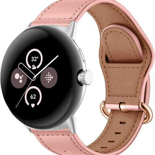 Leather Buckle Strap, pink, on a watch, 3/4 front view