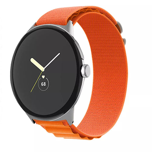 Alpine Nylon Strap, orange, on a watch, 3/4 front view