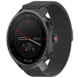 Milanese Strap, black, on a watch, 3/4 front view