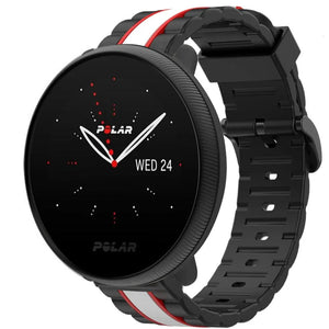 Silicone Special Edition Strap, black/white, on a watch, 3/4 front view