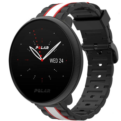 Silicone Special Edition Strap, black/white, on a watch, 3/4 front view