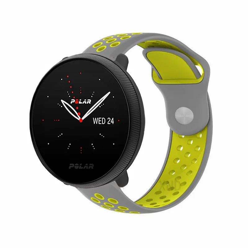 Silicone Sport Strap, grey/yellow, on a watch, 3/4 front view