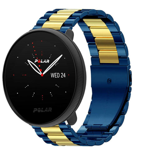 Steel Strap, blue/gold, on a watch, 3/4 front view