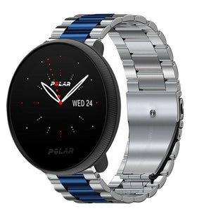 Steel Strap, silver/blue, on a watch, 3/4 front view