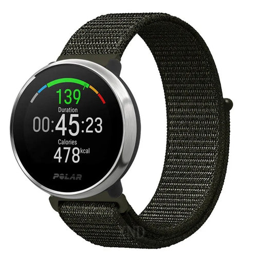Nylon Strap, olive green, on a watch, 3/4 front view