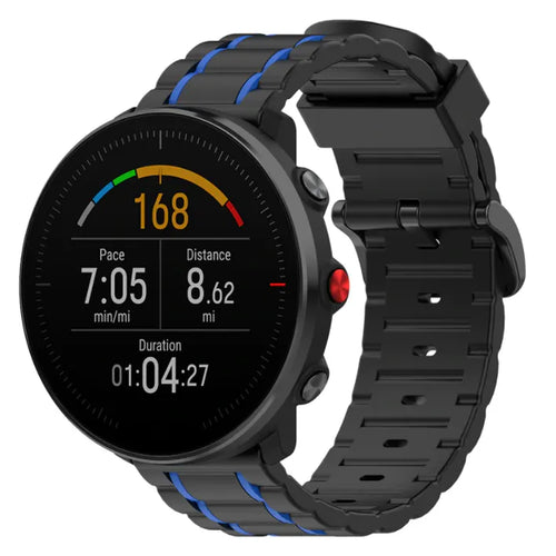 Silicone Strap 'Tough', black/blue, on a watch, 3/4 front view