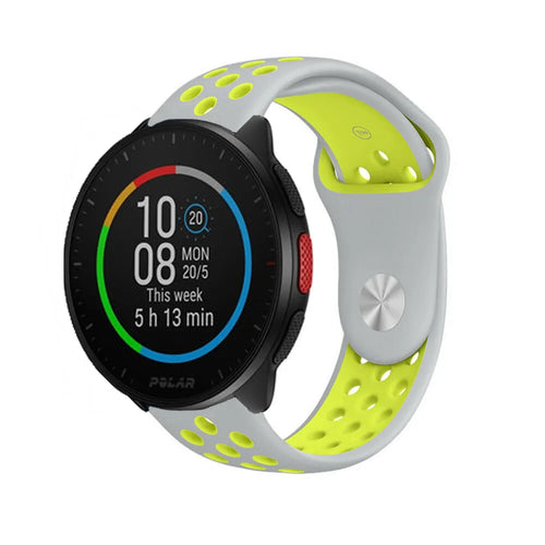 Silicone Sport Strap, grey/yellow, on a watch, 3/4 front view