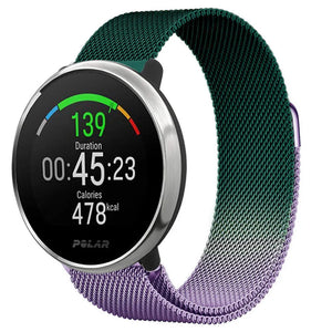 Milanese Strap, purple/green, on a watch, 3/4 front view